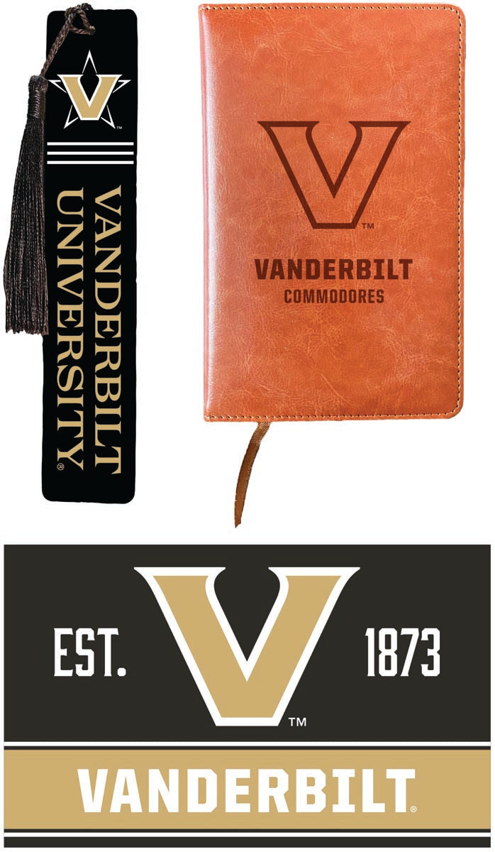 Vanderbilt University Officially Licensed Reader Pack - Wooden Bookmark, Engraved Leather Journal & 5x7 Wood Sign 