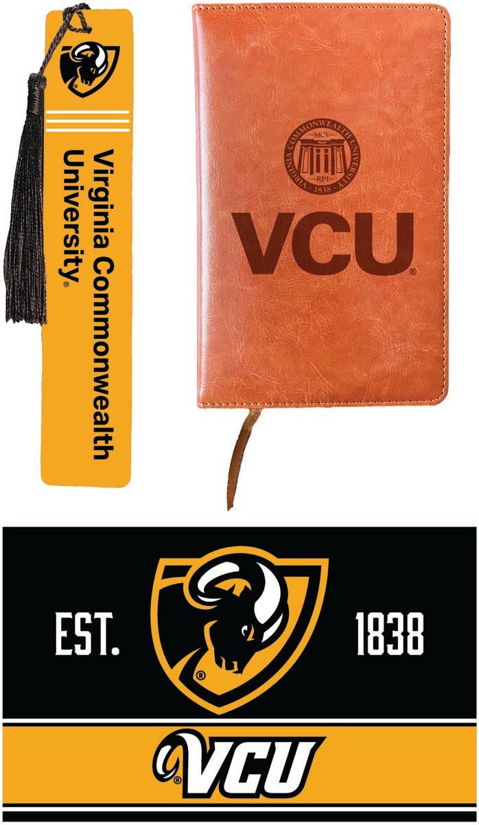 Virginia Commonwealth Officially Licensed Reader Pack - Wooden Bookmark, Engraved Leather Journal & 5x7 Wood Sign 