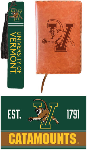 Vermont Catamounts Officially Licensed Reader Pack - Wooden Bookmark, Engraved Leather Journal & 5x7 Wood Sign 