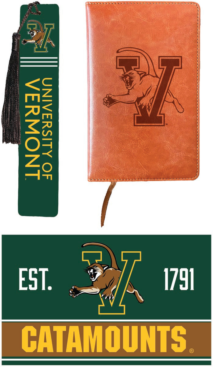 Vermont Catamounts Officially Licensed Reader Pack - Wooden Bookmark, Engraved Leather Journal & 5x7 Wood Sign 
