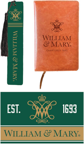 William and Mary Officially Licensed Reader Pack - Wooden Bookmark, Engraved Leather Journal & 5x7 Wood Sign 