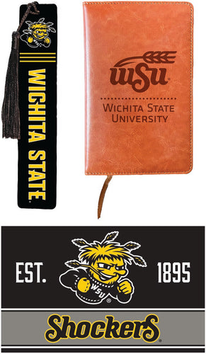 Wichita State Shockers Officially Licensed Reader Pack - Wooden Bookmark, Engraved Leather Journal & 5x7 Wood Sign 