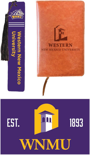 Western New Mexico University Officially Licensed Reader Pack - Wooden Bookmark, Engraved Leather Journal & 5x7 Wood Sign 