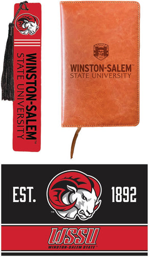 Winston-Salem State Officially Licensed Reader Pack - Wooden Bookmark, Engraved Leather Journal & 5x7 Wood Sign 