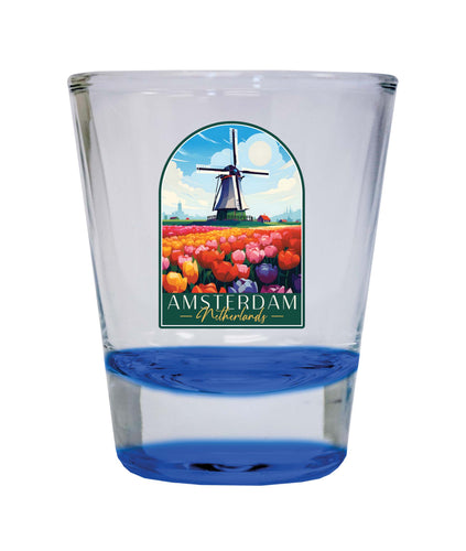 Amsterdam Netherlands Design B Souvenir 2 Ounce Shot Glass Round Blue Single