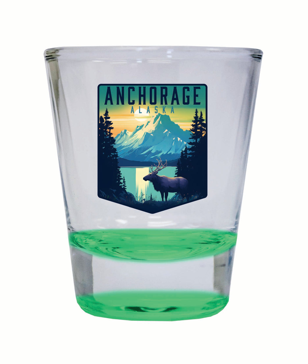 Anchorage Alaska Moose and Mountains Design Souvenir 2 Ounce Shot Glass Round Green 2-Pack