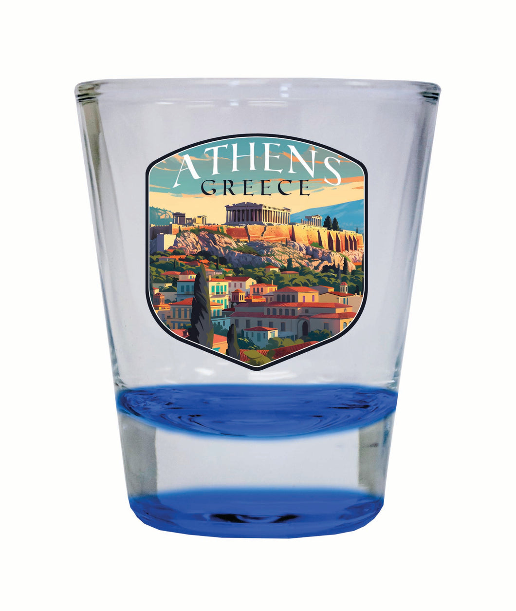 Athens Greece Acropolis Cityscape Design Souvenir 2 Ounce Shot Glass Round Blue Single