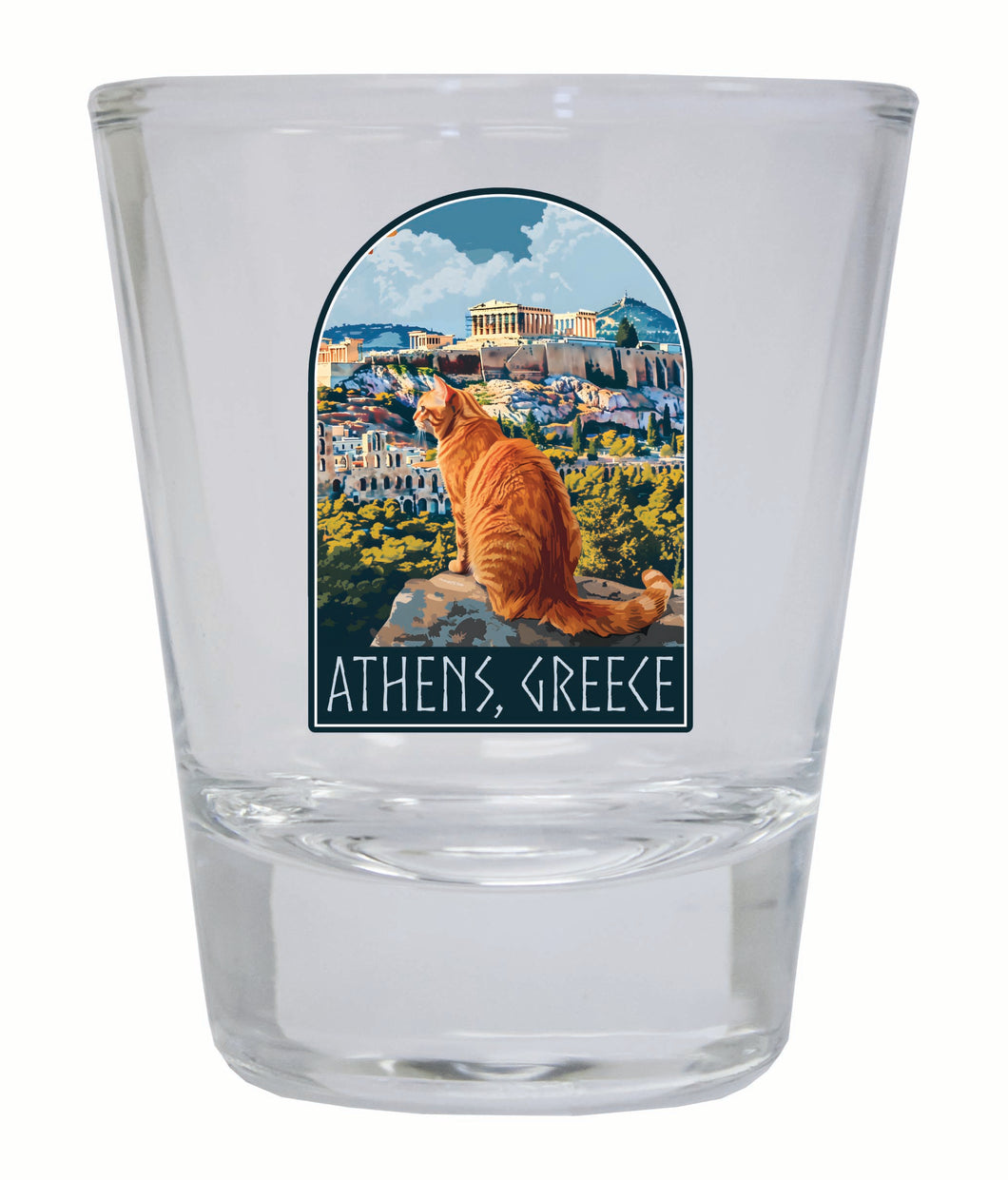 Athens Greece Cat Acropolis Design Souvenir 2 Ounce Shot Glass Round Clear 2-Pack