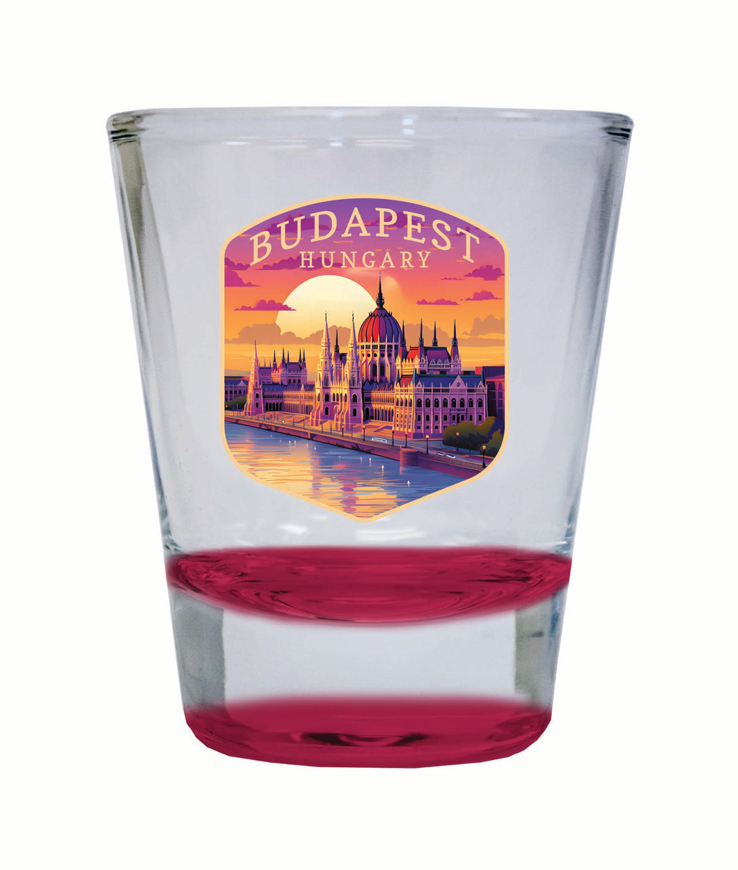 Budapest Hungary Parliament Building Design Souvenir 2 Ounce Shot Glass Round Red Single