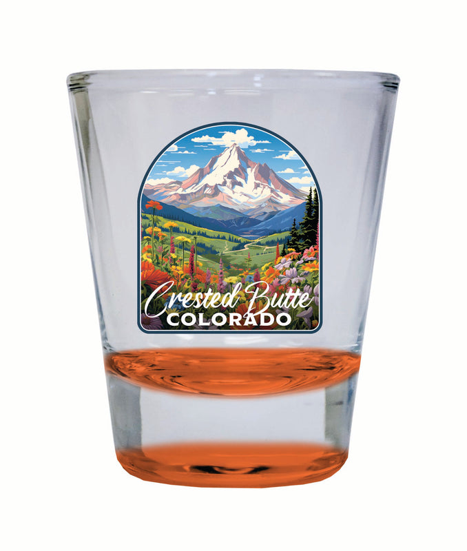 Crested Butte Mountain Colorado Wildflowers Design Souvenir 2 Ounce Shot Glass Round Orange Single
