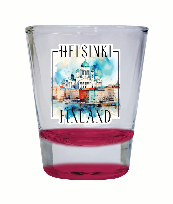 Helsinki Finland Watercolor Helsinki Cathedral Design Souvenir 2 Ounce Shot Glass Round Red 4-Pack