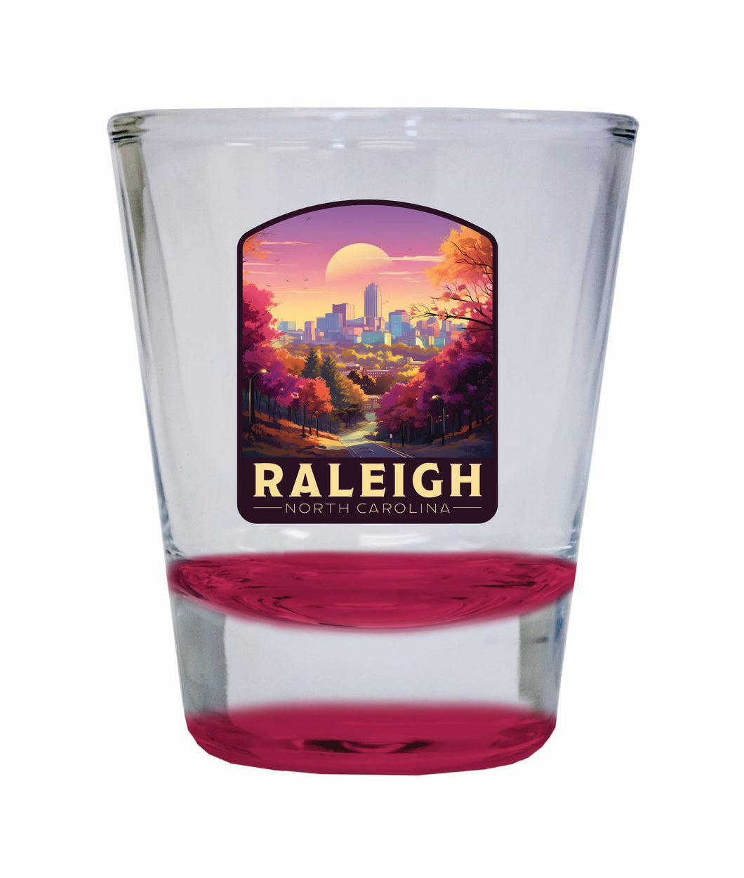 Raleigh North Carolina City of Oaks Design Souvenir 2 Ounce Shot Glass Round Red Single