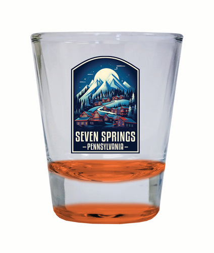 Seven Springs Pennsylvania Snowy Village Design Souvenir 2 Ounce Shot Glass Round Orange Single