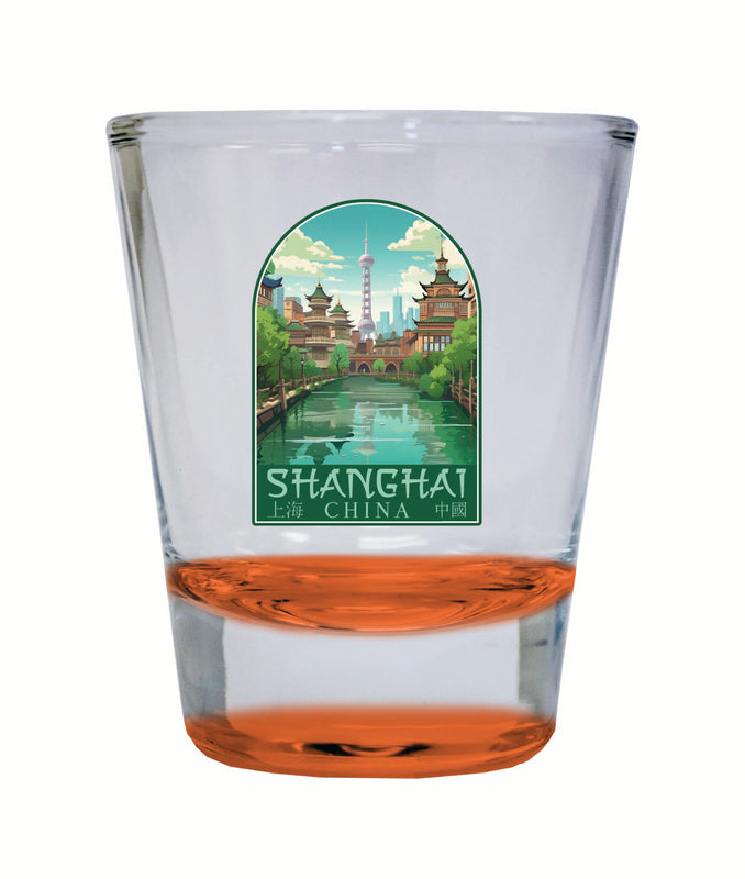 Shanghai China Old Town Design Souvenir 2 Ounce Shot Glass Round Orange Single