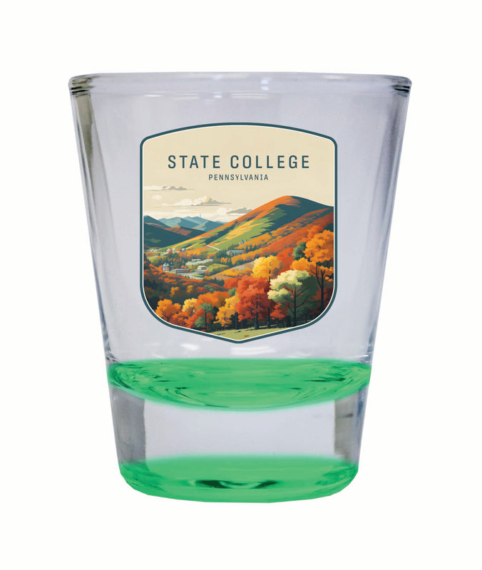 State College Pennsylvania Autumn Mountains Design Souvenir 2 Ounce Shot Glass Round Green 2-Pack