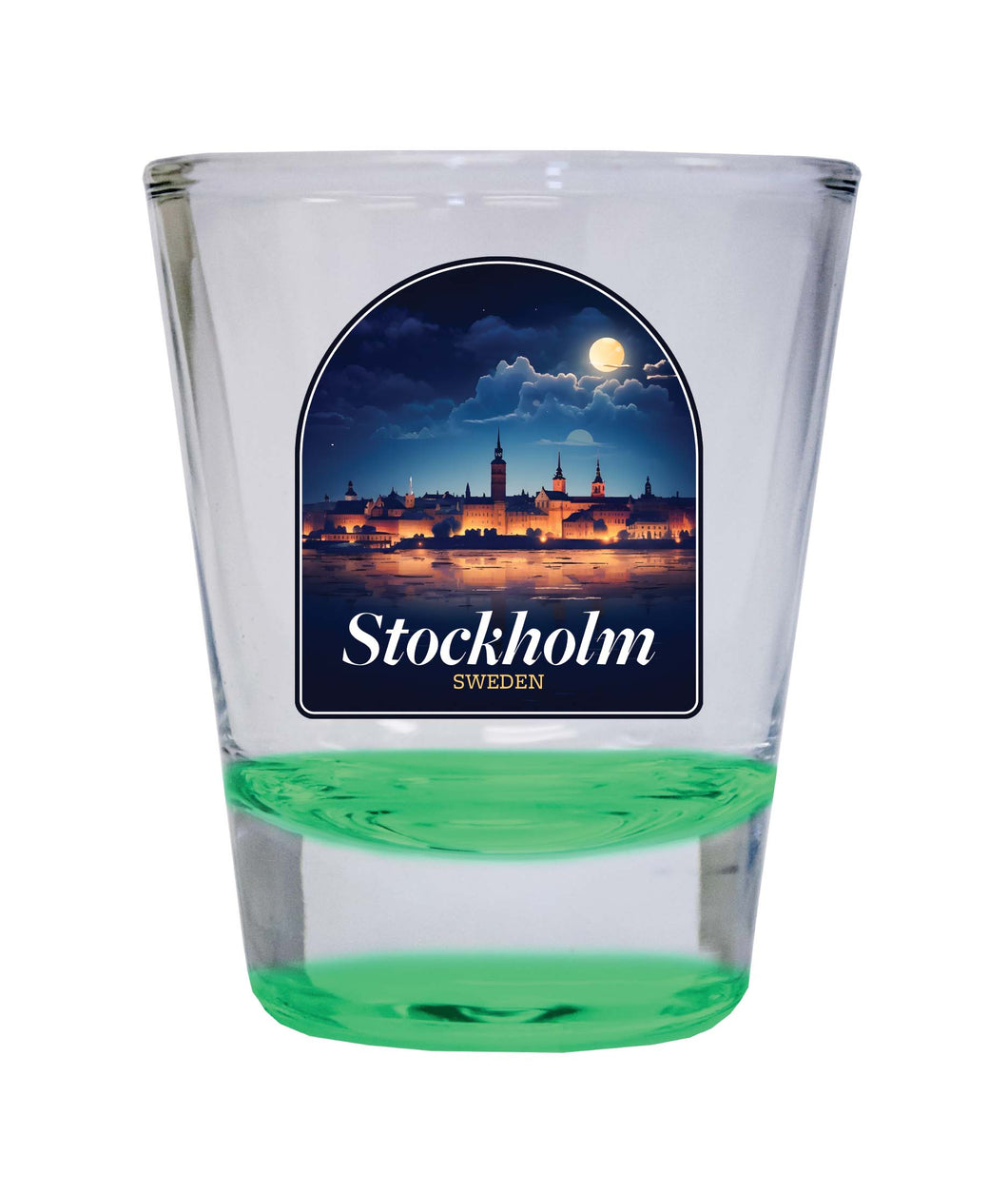 Stockholm Sweden Design B Souvenir 2 Ounce Shot Glass Round Green 4-Pack
