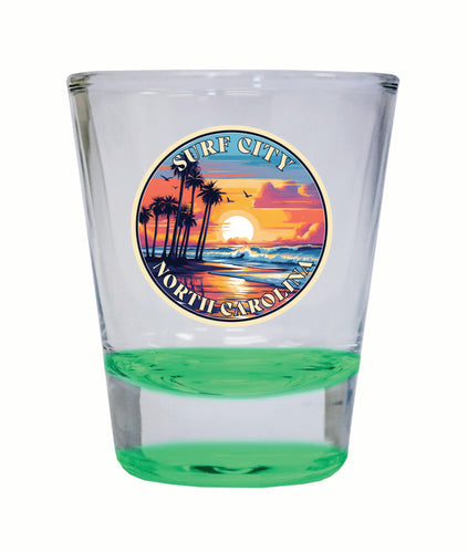 Surf City North Carolina Palm Sunset Design Souvenir 2 Ounce Shot Glass Round Green 2-Pack