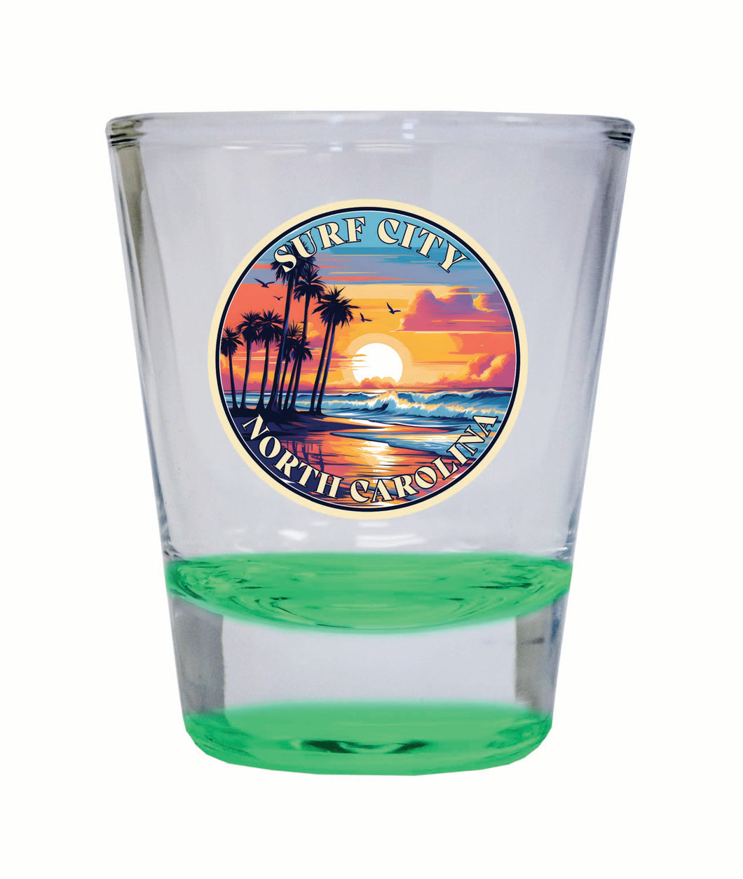 Surf City North Carolina Palm Sunset Design Souvenir 2 Ounce Shot Glass Round Green 2-Pack