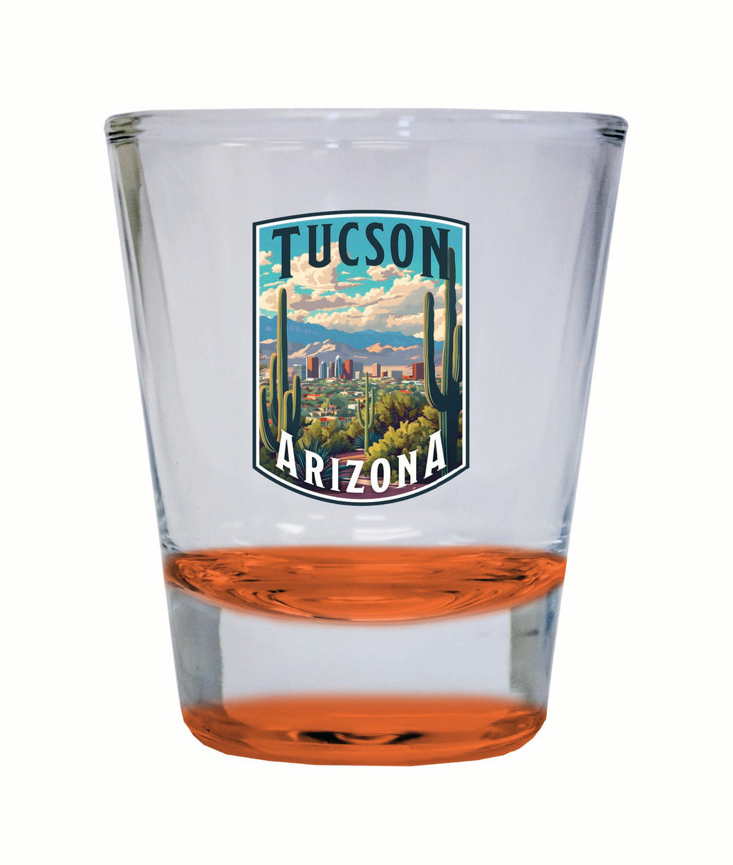 Tucson Arizona Cactus and Cityscape Design Souvenir 2 Ounce Shot Glass Round Orange Single