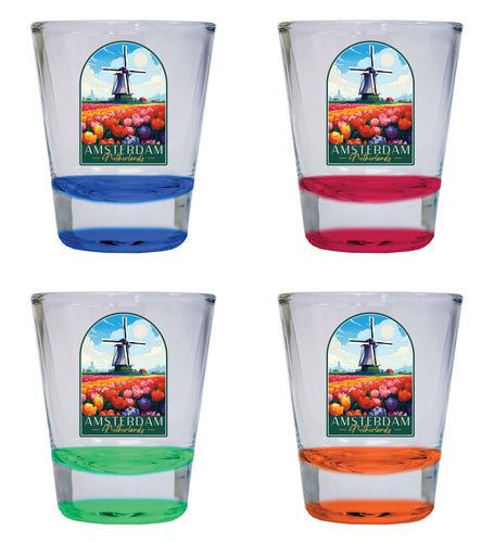 Amsterdam Netherlands Design B Souvenir 2 Ounce Shot Glass Round 4-Pack Multicolor 
