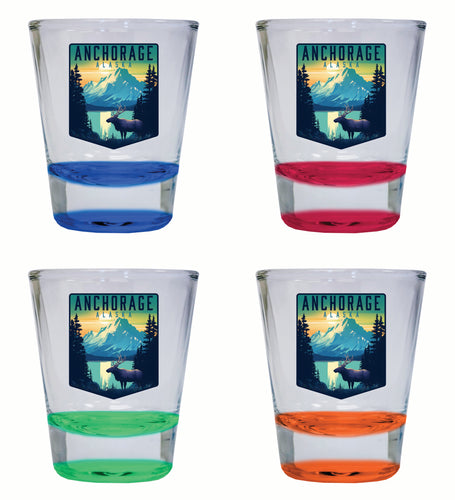Anchorage Alaska Moose and Mountains Design Souvenir 2 Ounce Shot Glass Round 4-Pack Multicolor 