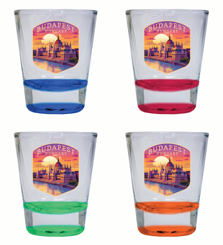 Budapest Hungary Parliament Building Design Souvenir 2 Ounce Shot Glass Round 4-Pack Multicolor 
