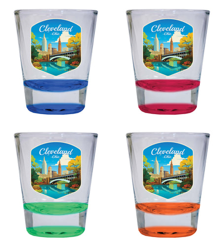 Cleveland Ohio Design B Souvenir 2 Ounce Shot Glass Round 4-Pack Multicolor 