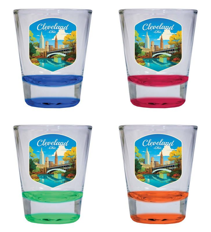 Cleveland Ohio Design B Souvenir 2 Ounce Shot Glass Round 4-Pack Multicolor 