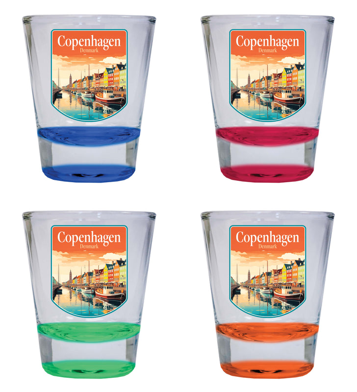 Copenhagen Denmark Design A Souvenir 2 Ounce Shot Glass Round 4-Pack Multicolor