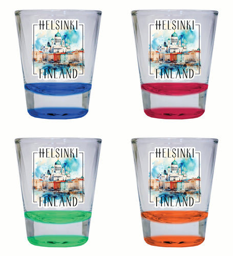 Helsinki Finland Watercolor Helsinki Cathedral Design Souvenir 2 Ounce Shot Glass Round 4-Pack Multicolor 