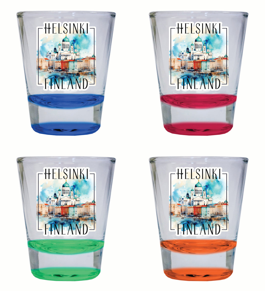 Helsinki Finland Watercolor Helsinki Cathedral Design Souvenir 2 Ounce Shot Glass Round 4-Pack Multicolor 