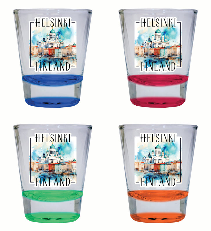 Helsinki Finland Watercolor Helsinki Cathedral Design Souvenir 2 Ounce Shot Glass Round 4-Pack Multicolor 