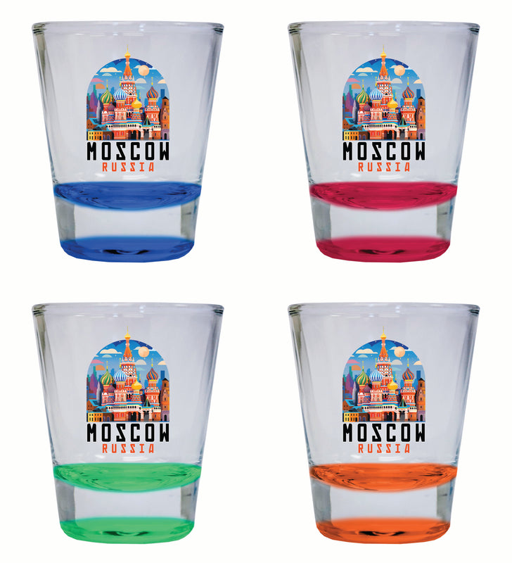 Moscow Russia Saint Basil's Cathedral Illustration Design Souvenir 2 Ounce Shot Glass Round 4-Pack Multicolor 
