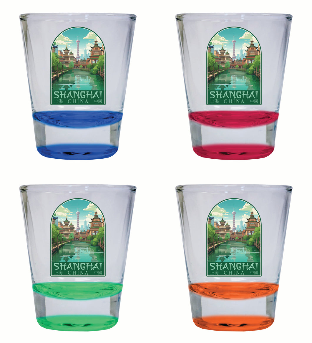 Shanghai China Old Town Design Souvenir 2 Ounce Shot Glass Round 4-Pack Multicolor 