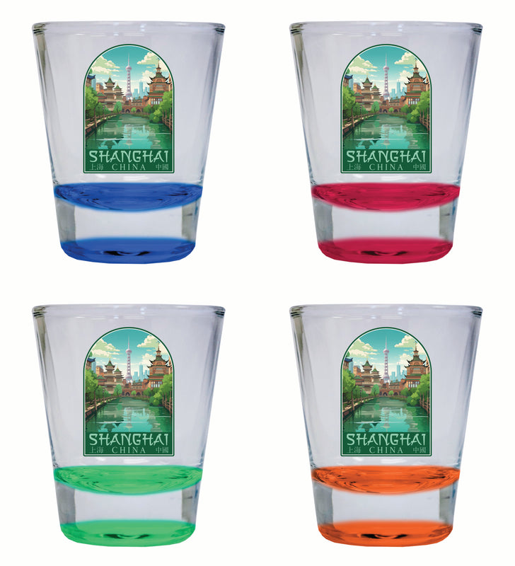 Shanghai China Old Town Design Souvenir 2 Ounce Shot Glass Round 4-Pack Multicolor 