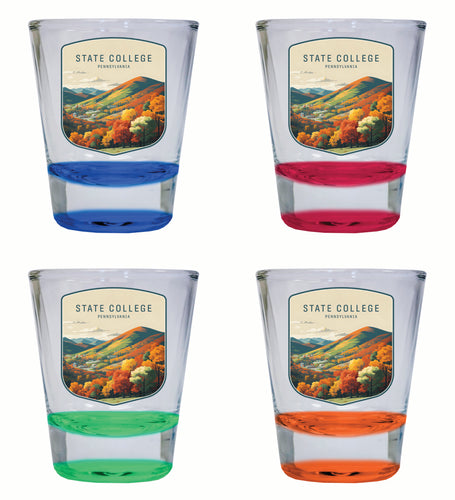 State College Pennsylvania Autumn Mountains Design Souvenir 2 Ounce Shot Glass Round 4-Pack Multicolor 