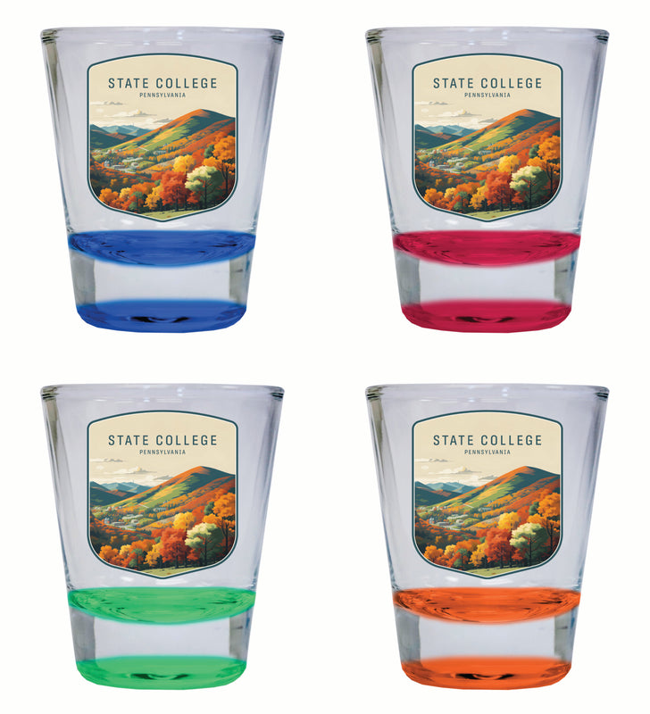 State College Pennsylvania Autumn Mountains Design Souvenir 2 Ounce Shot Glass Round 4-Pack Multicolor 