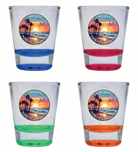 Surf City North Carolina Palm Sunset Design Souvenir 2 Ounce Shot Glass Round 4-Pack Multicolor 