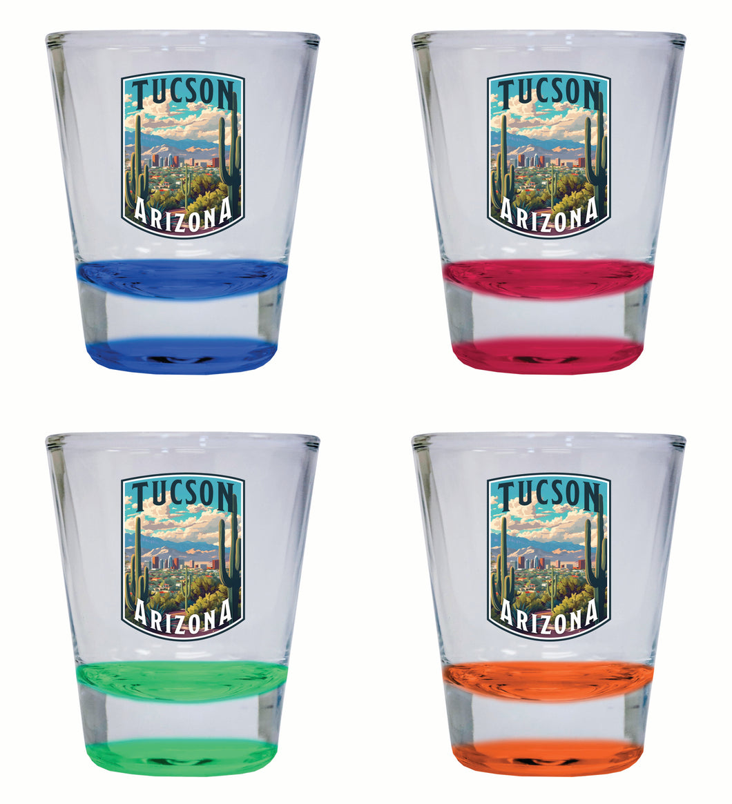 Tucson Arizona Cactus and Cityscape Design Souvenir 2 Ounce Shot Glass Round 4-Pack Multicolor 