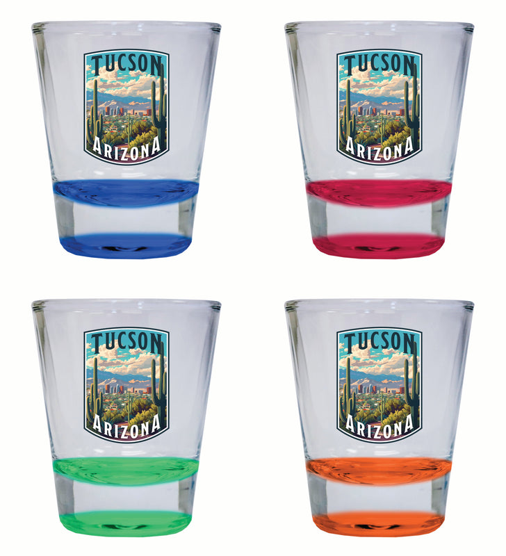 Tucson Arizona Cactus and Cityscape Design Souvenir 2 Ounce Shot Glass Round 4-Pack Multicolor 