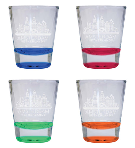 Amsterdam Netherlands Souvenir 2 Ounce Engraved Shot Glass Round 4-Pack Multicolor 