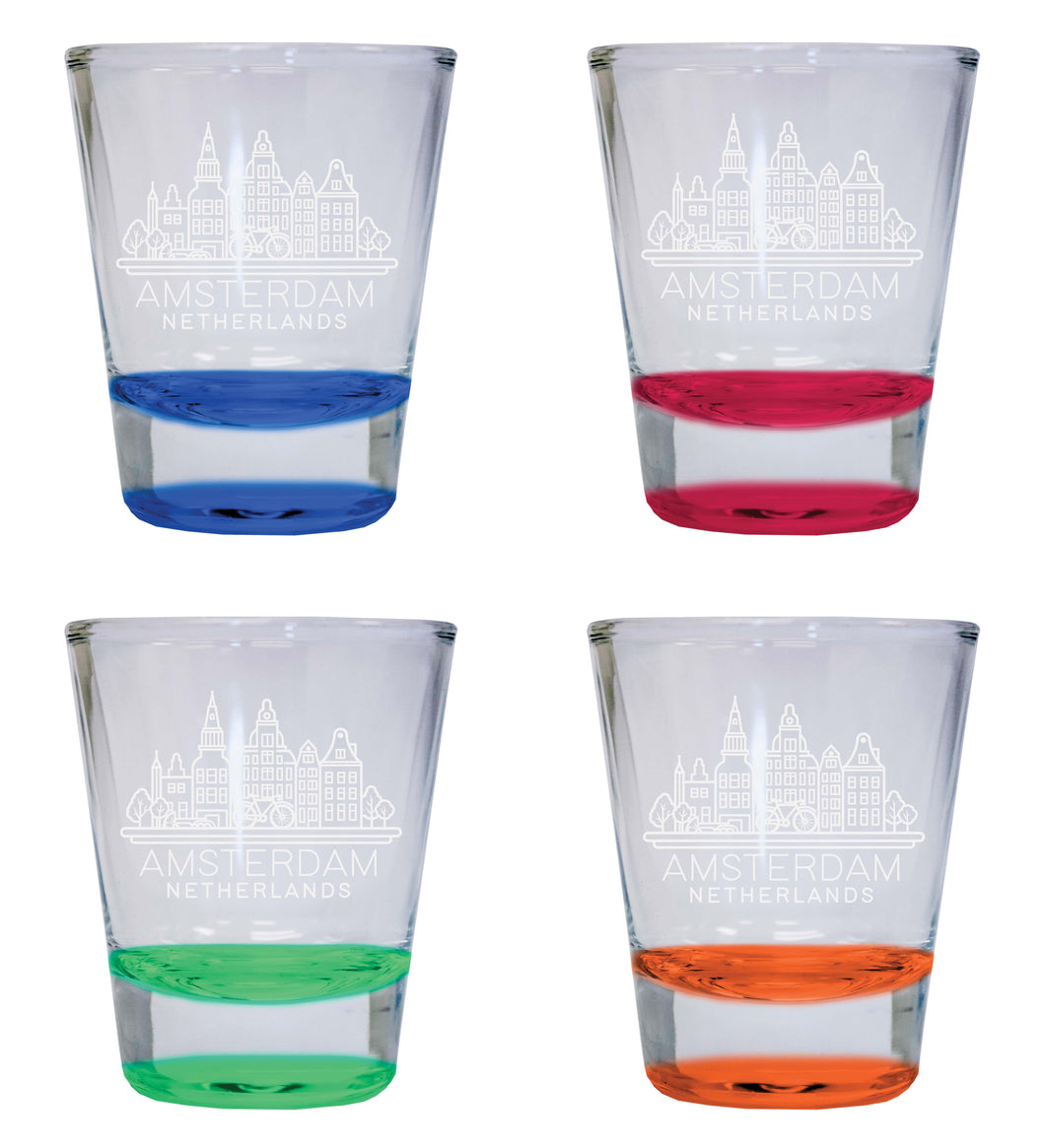 Amsterdam Netherlands Souvenir 2 Ounce Engraved Shot Glass Round 4-Pack Multicolor 