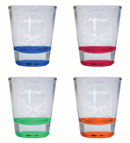 Anchorage Alaska Souvenir 2 Ounce Engraved Shot Glass Round 4-Pack Multicolor 