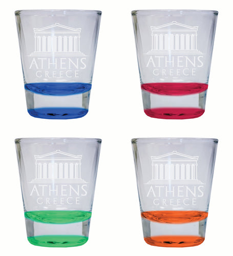 Athens Greece Souvenir 2 Ounce Engraved Shot Glass Round 4-Pack Multicolor 