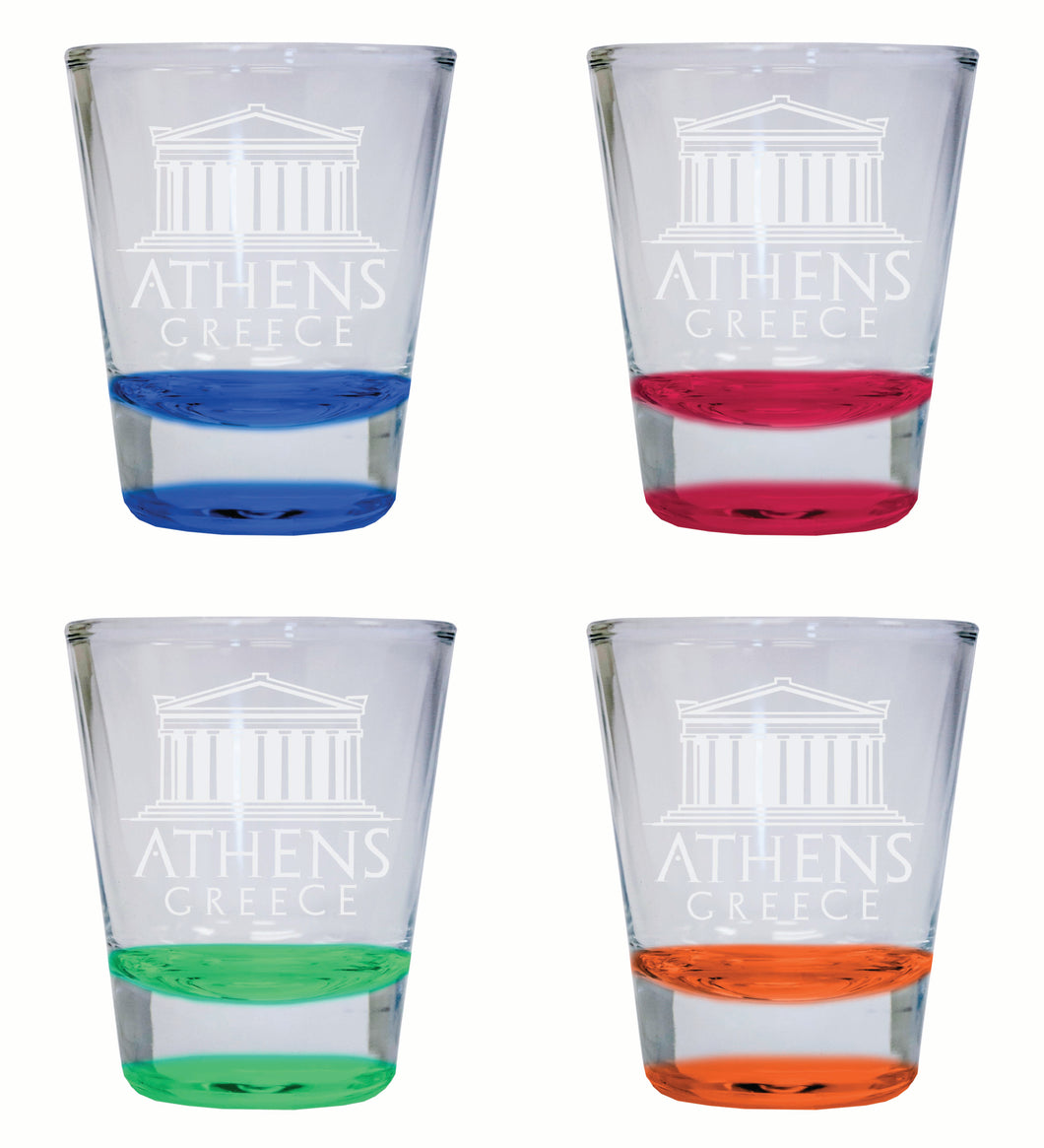 Athens Greece Souvenir 2 Ounce Engraved Shot Glass Round 4-Pack Multicolor 