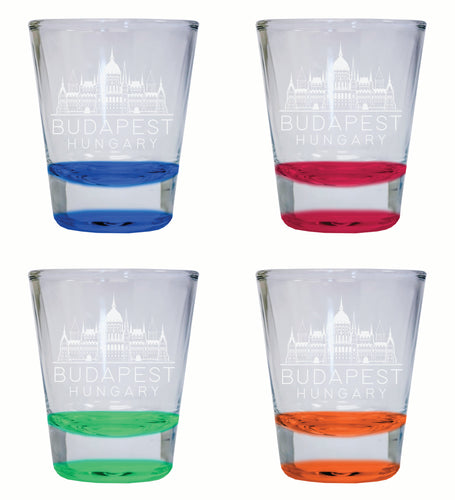 Budapest Hungary Souvenir 2 Ounce Engraved Shot Glass Round 4-Pack Multicolor 