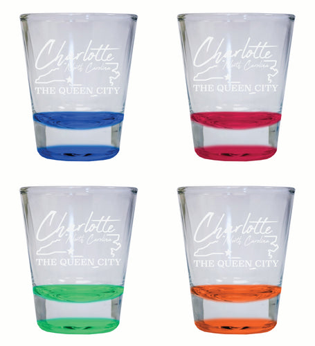 Charlotte North Carolina Souvenir 2 Ounce Engraved Shot Glass Round 4-Pack Multicolor 