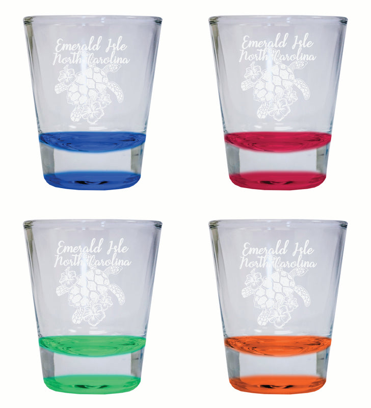 Emerald Isle North Carolina Souvenir 2 Ounce Engraved Shot Glass Round 4-Pack Multicolor 