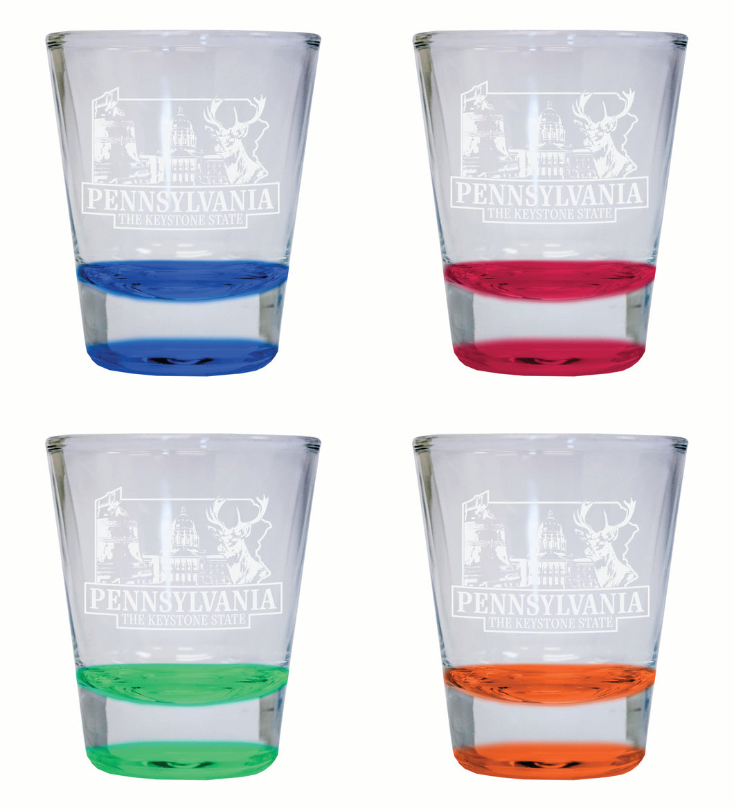 Pennsylvania Souvenir 2 Ounce Engraved Shot Glass Round 4-Pack Multicolor 