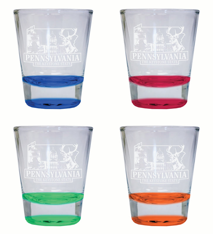 Pennsylvania Souvenir 2 Ounce Engraved Shot Glass Round 4-Pack Multicolor 